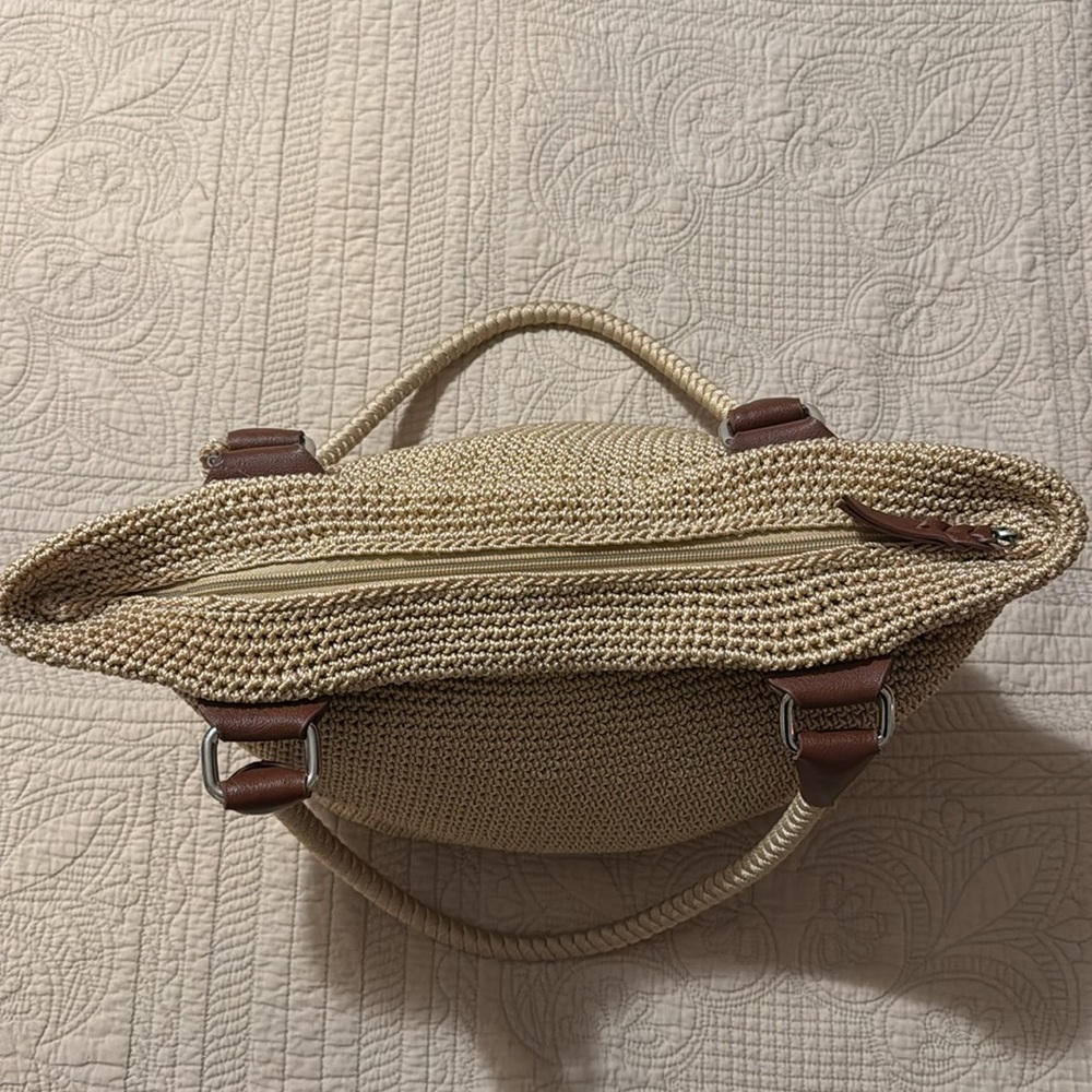 The Sak Cambria Tan Crochet Tote/Shoulder Bag with Brown Trim - Picture 3 of 9